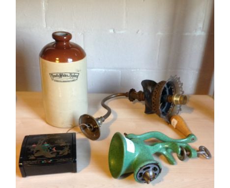 A meat mincer and a stoneware apothecary jar marked 'Timothy White & Taylors' plus a converted gas lighting sconce and an ori