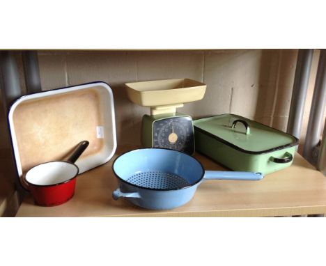 Mid 20thC kitchen items including Krups scales and enamelled metal pots and pans. (5)