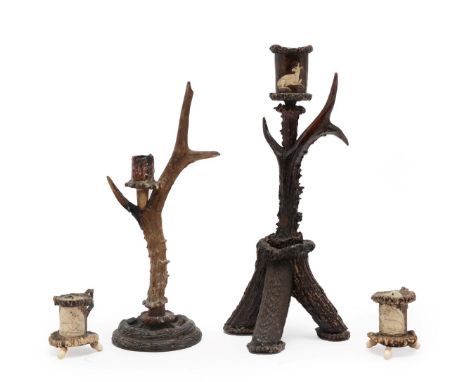 Antler Furniture: Two Austro-German Antler Candlesticks and A Pair of Antler Mounted Chambersticks, circa 1870-1900, a single