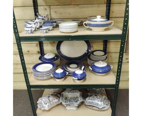 A Wedgwood part dinner service, to include meat plates and tureens, together with Booths Old Willow pattern tea wares and Ash