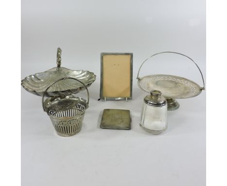 A silver cigarette case, photograph frame and hair tidy, together with plated dishes