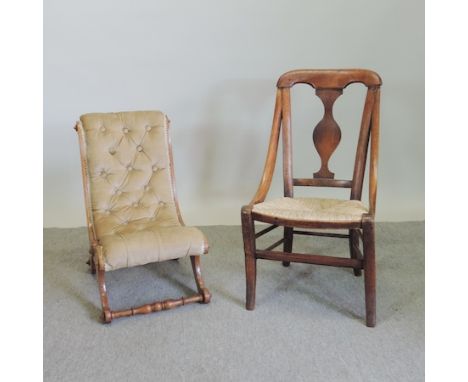 A mahogany and cream upholstered button back nursing chair, together with a bentwood armchair, with a rush seat