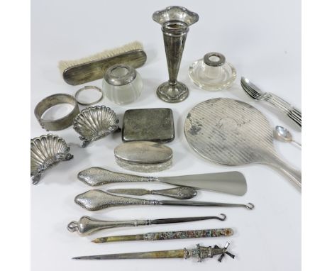 A collection of silver and plated items, to include a cigarette case, spill vase, silver top inkwells, button hooks and other