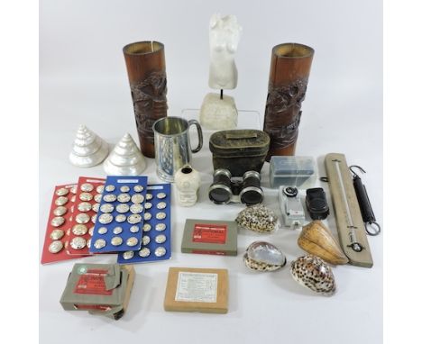 A collection of items to include bamboo brush pots, shells and buttons etc 