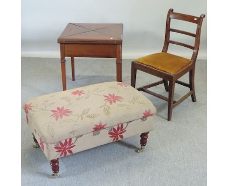 An Edwardian mahogany envelope card table, 56cm, together with a floral upholstered footstool and a George III dining chair