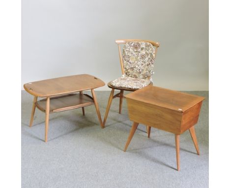 An Ercol light elm coffee table, 70cm, together with a sewing box and a chair