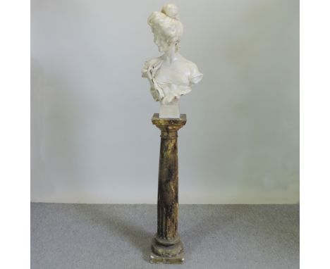 A simulated marble column, together with a portrait bust of a lady, 180cm tall overall