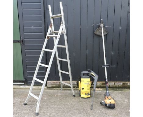 A JCB petrol garden strimmer, together with a karcher KB9020 pressure washer and an aluminium step ladder,200cm tall