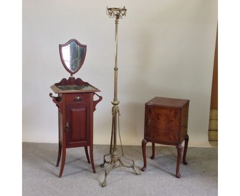 A Victorian brass standard lamp, together with an Edwardian shaving stand and a pot cupboard 