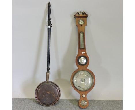 A 19th century mahogany cased wheel barometer, 98cm tall, together with a Victorian copper warning plan 