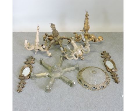 A collection of chandeliers, to include two cream painted chandeliers, a ceiling light and a pair of gilt wall mirrors (8)