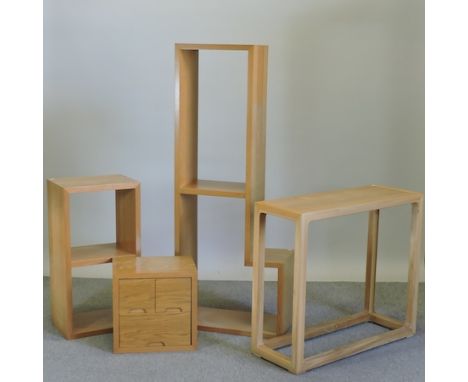 A contemporary sectional bookcase, 108cm, together with a beech console table