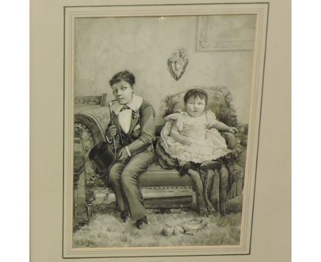 J. Halliday, 1863-1926, portrait of two children, signed, watercolour, 38 x 28cm