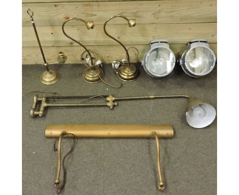 A machinist's lamp, together with brass table lamps, and two industrial gas spotlights