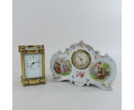 A brass cased carriage clock, together with a continental porcelain cased mantel clock, 14cm tall