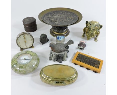 A German painted metal inkwell, in the form of a bird, together with a hardstone compass, a brass inkwell, brass box and othe