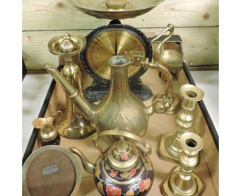 A collection of metal wares, to include an eastern brass coffee pot, brass candlesticks and a set of scales