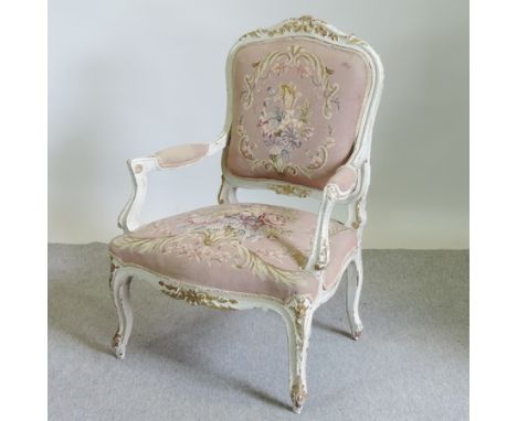 A French cream painted and tapestry upholstered open armchair