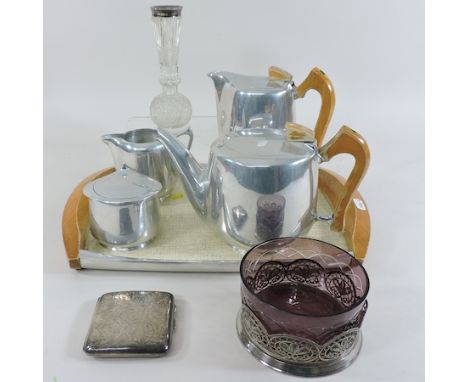 A Piquet ware tea service on tray, together with a silver cigarette case, a silver mounted cut glass vase, and a cranberry gl