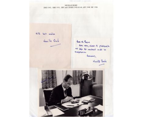 WW2. Sqn Ldr Neville Duke DSO, OBE, DFC and Two Bars, AFC Signed 6.5 x 5 inch Vintage Black and White Press Photo. Further Si