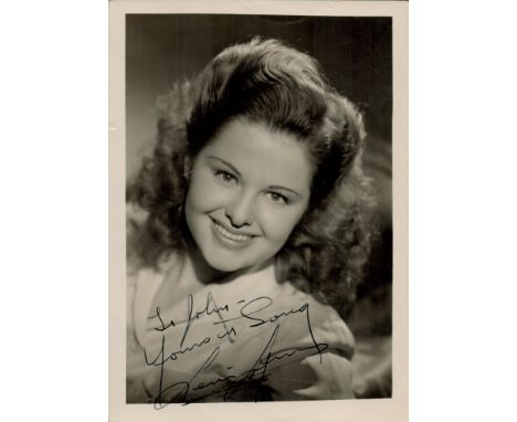 Music. Deanna Durbin Signed 7 x 5 inch Vintage Black and White Photo. Dedicated. Fair Condition. Good condition. All autograp