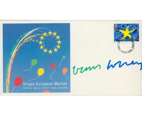 David Hockney, a signed (in green and blue ink) 1992 European Market FDC with insert. The stamp was designed by Hockney. A Br