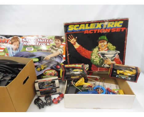 Scalextric - four boxed slot cars, three loose cars, controllers, track and more. 
