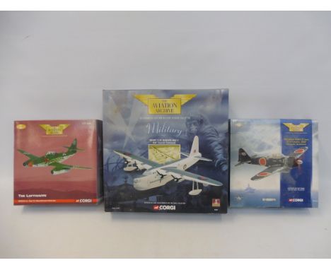 Three boxed Corgi Aviation Archive, 1:44 scale Sunderland Short, Mitsubishi Zero and a Luftwaffer ME262A.