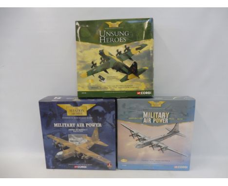 Three boxed 1:44 scale Corgi Aviation Archive models, Lockheed 382 Hercules RAF, Lockheed Hercules gunship and Tupolev TU4 So