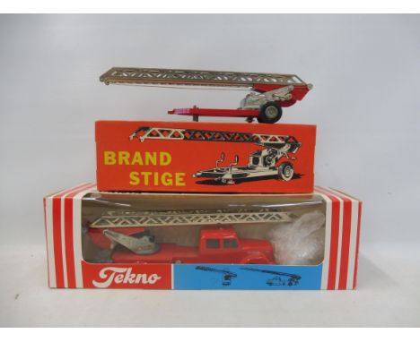 A boxed Tekno 445 Scania Vabis Fire Engine and 409 Fire Escape Ladder, both near mint.