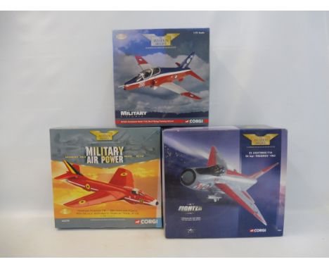 Three boxed Corgi Aviation Archive models the English Electric Lightening, the Aerospace Hawk trainer and a Hawker Hunter, Be