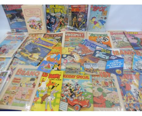 A selection of comics, books, an Action Man book etc. from 1960s to contemporary. 