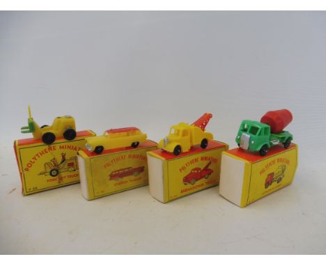 Four boxed Made in Hong Kong early polythene miniatures, a concrete mixer, a breakdown truck, a station wagon and a fork lift