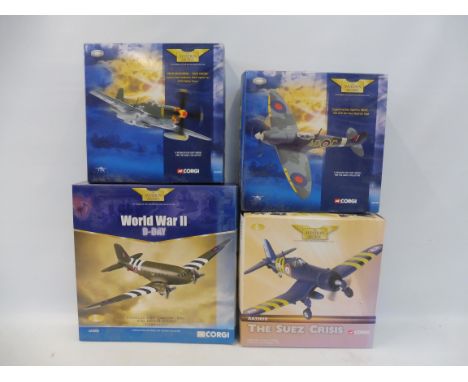 Four boxed 1:72 scale Corgi Aviation Archive models, Mustang 357 fighter group, Super Marine Air Rescue squadron, French navy