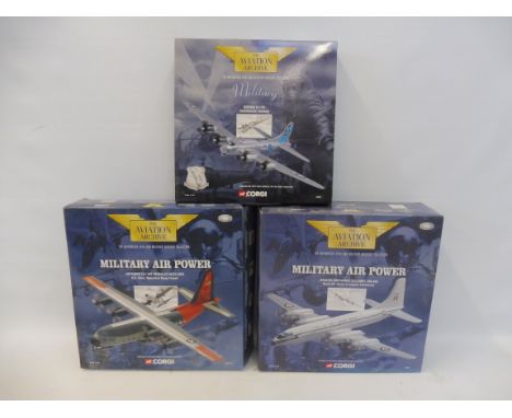 Three boxed 1:44 scale Corgi Aviaton Archive models, Bristol Brittania, Lockheed Hercules, Boeing B-17G.