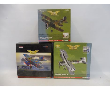 Three boxed Corgi Aviation Archive models, Gloster Gladiator, Fairy Swordfish and RAF SE5A Home Defence knight fighter.