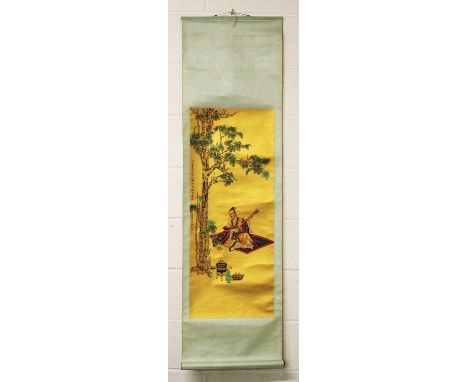 ANOTHER CHINESE HANGING SCROLL PICTURE, depicting on gold-ground paper calligraphy and artist's seals and with a scene of a m