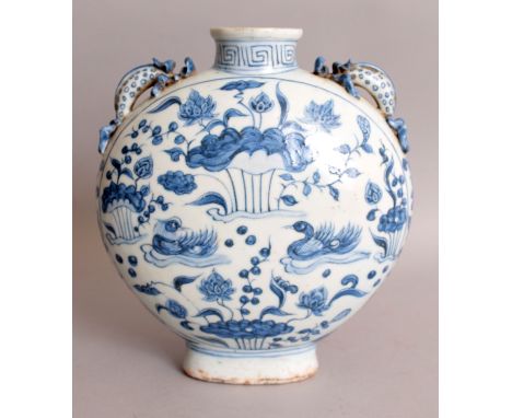 A CHINESE YUAN STYLE BLUE & WHITE PORCELAIN MOON FLASK, each domed surface decorated with a scene of ducks swimming in a lotu