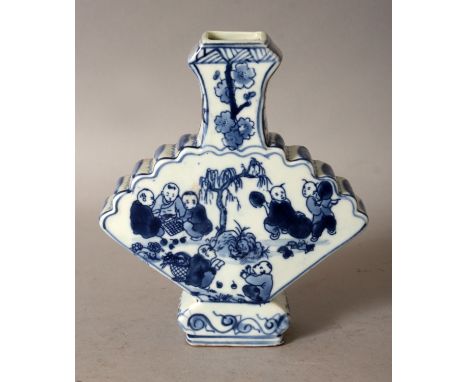 A CHINESE BLUE & WHITE FAN FORM PORCELAIN VASE, decorated with playing boys, the base with a six-character Kangxi mark, 5.4in