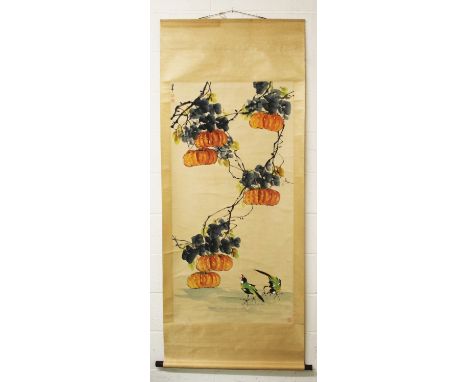 A CHINESE HANGING SCROLL PICTURE, decorated on paper with calligraphy and artist's seals and with two birds beneath hanging f