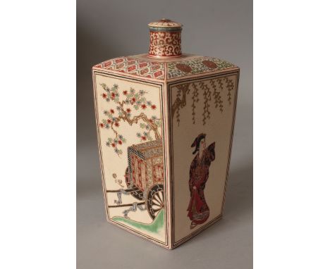 AN UNUSUAL 19TH CENTURY JAPANESE SATSUMA EARTHENWARE TOKKURI & COVER, the square section sake flask painted to the sides in g