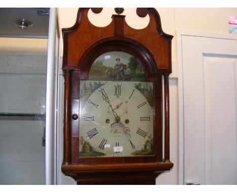 An antique eight day Grandfather clock with separate second hand and date aperture, having painted arch dial