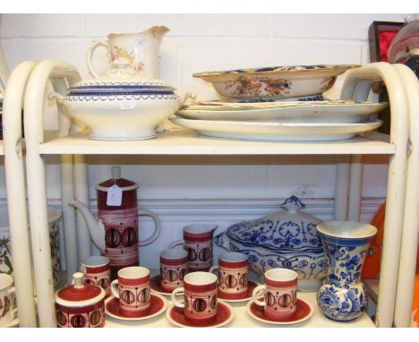 A vintage Monastery Rye Cinque Ports Pottery coffee service, together with assorted antique china - on two shelves 