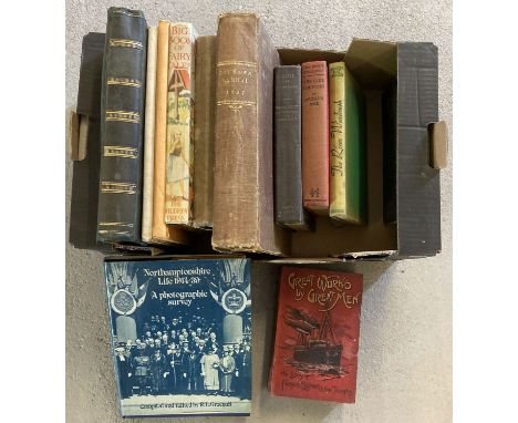 A box of assorted antique and vintage books. To include: 1890 Judy: The London Serio-comic Journal vol 46, Boys Own Annual, H