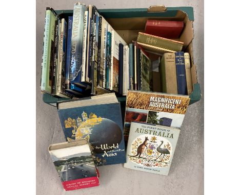 A box of vintage books relating to foreign countries and travel, primarily Australia.