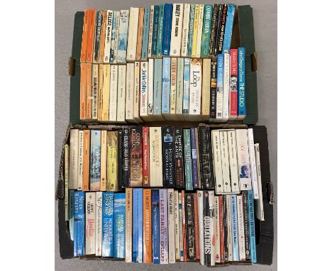 2 boxes of vintage and modern paperback fiction and non-fiction books; mostly novels.