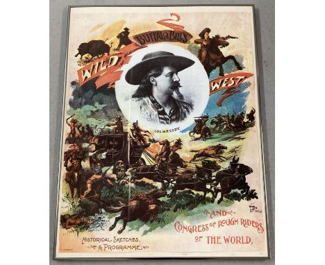 A reproduction "Buffalo Bill" advertising poster on a mount and framed. Folds to poster. Frame size approx. 78 x 59cm.