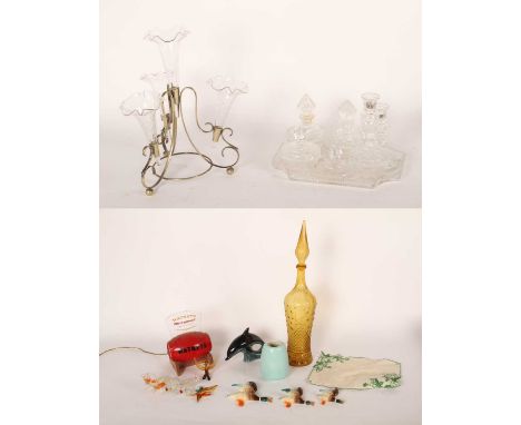 An assortment of ceramics and glassware, including a plated epergne, Poole pottery and a Watneys advertising lamp