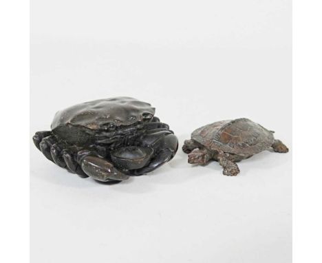 A small bronze model of a crab, 7cm wide, together with another of a turtle (2)