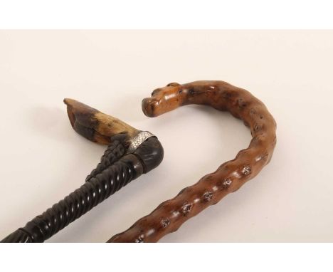 An early 20th century taxidermy novelty walking cane, with a carved hardwood shaft and a deer foot handle, 82cm long, togethe